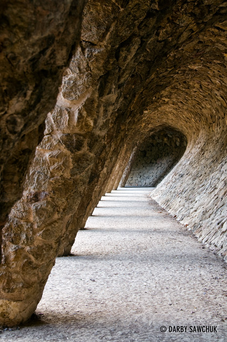 The colonnaded grotto in Park Guell in Barcelona.