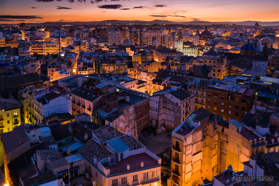 The old town of Valencia at sunset.