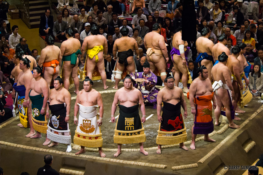 Sumo wrestlers at the Ryogoku stadium in Tokyo, Japan.