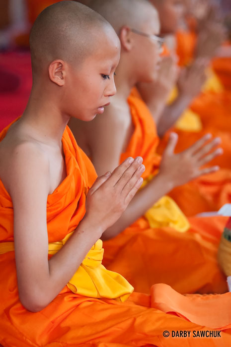 Novice Buddhist monks pray at their ordination at Wat Chedi Luang in Chiang Mai, Thailand.