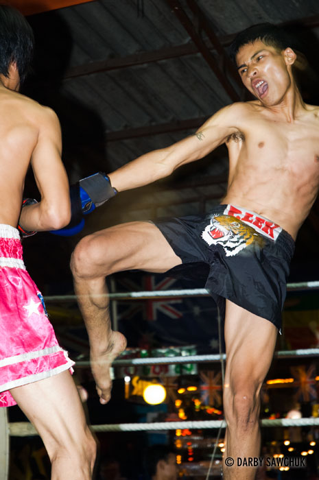 A muay thai fighter delivers a kick in the Thai kickboxing combat sport in Chiang Mai, Thailand.