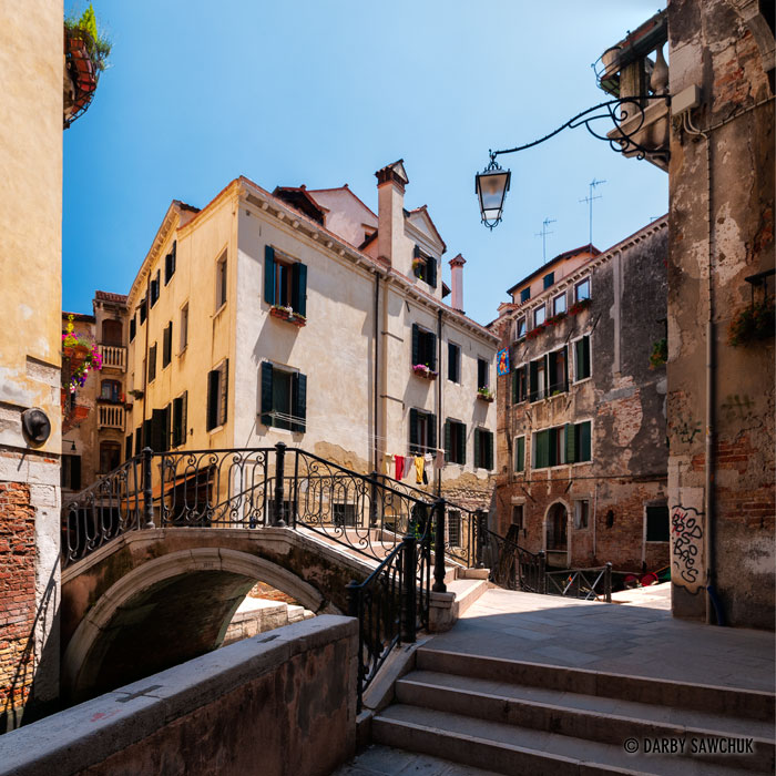 A convergence of alleys and streets in the San Croce district in Venice.