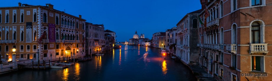 A panoramic view of the Grand Canal at dusk from the Academy Bridge.