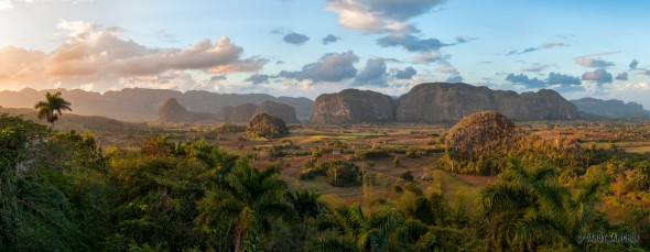 The Vinales Valley at sunset looking across to the Mogotes of the Cordillera de Guaniguanico mountain range in Cuba.