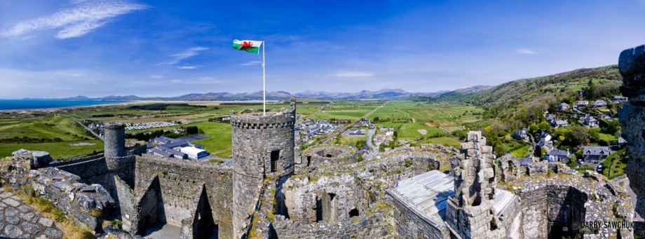 A panoramic view from the top of Harlech Castle in Harlech, Gwynedd, North Wales, UK.