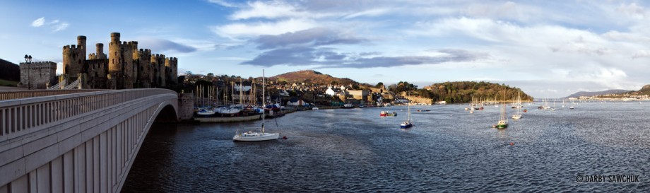 A panoramic view of the bridge spanning the river Conwy and leading to Conwy castle.