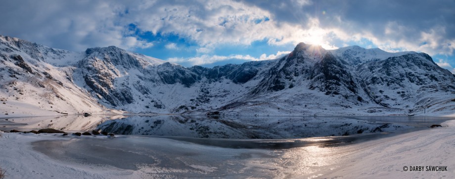 A panoramic view of Cwm Idwal, a hanging valley in the mountains of Snowdonia in North Wales.