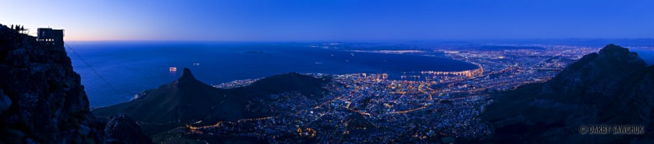 A panoramic view of Cape Town, South Africa in the evening as viewed from Table Mountain.