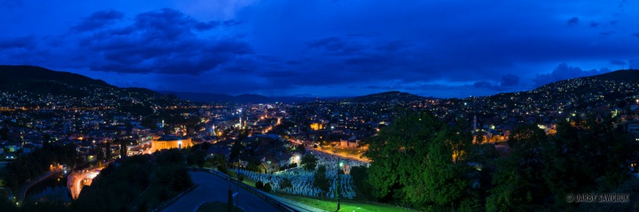 A panoramic view of Sarajevo, the capital city of Bosnia and Herzegovina in the evening.